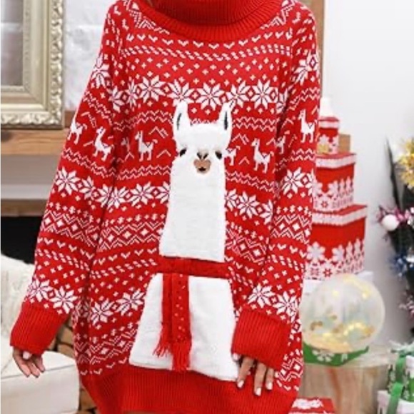 Alpaca Women Turtleneck Loose Print Christmas Long Sweater Dress with Pockets M - Picture 9 of 12